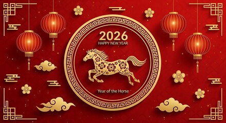 2026 chinese new year greeting card with horse and lanterns