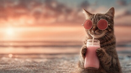 Cool cat with shades enjoying a beachside drink at sunset, exuding relaxation. #SummerVibes #BeachLife
