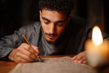 portrait of student practicing arabic calligraphy on wooden desk with concentration under candlelight