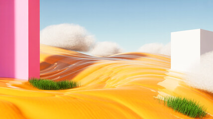 A surreal digital art composition featuring a smooth, flowing golden-orange desert landscape with rippling sand dunes