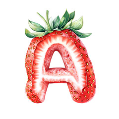 Watercolor PNG of the letter A designed as a ripe strawberry with seeds and a green leafy top. Fun and fruity design perfect for kids, summer themes, fruit alphabet, or nursery decor.