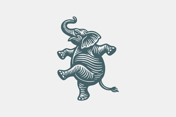 Dancing elephant engraving style black on white vector illustration