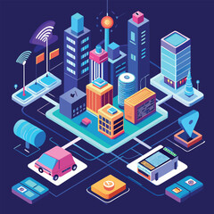 Obraz premium Isometric futuristic cityscape illustration depicting smart city technology and digital infrastructure with modern buildings and connectivity.