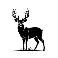 Majestic Deer Silhouette: A striking monochrome line art illustration of a buck with large antlers, standing proudly in a field of grass.