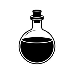 Potion Bottle: A Simple Monochrome Illustration of a Glass Bottle with Cork, Filled with Dark Liquid, Suitable for Various Design Applications.