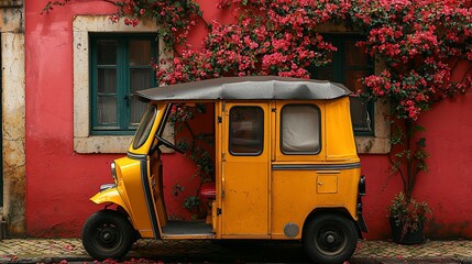 A yellow auto rickshaw parked by a vibrant pink building adorned with flowering vines