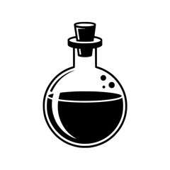 Obraz premium Potion Bottle: A bold monochrome line art illustration depicts a round glass bottle with a cork stopper, filled with a dark liquid, perfect for potion, alchemy, or science designs.