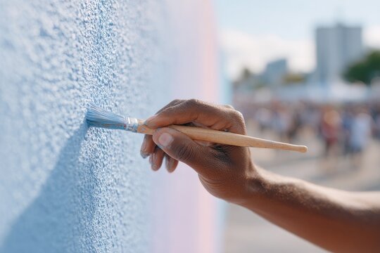 portrait of urban artist painting mural live in square brush strokes visible and hands in motion crowd blurred behind