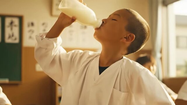 教室で瓶牛乳をおいしそうに飲む坊主頭の小学生の男の子
