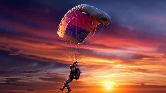 Skydiver silhouetted against a stunning sunset with an open parachute.