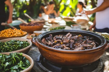 Close up of a delicious feijoada, a traditional Brazilian stew, being served at an outdoor gathering, surrounded by various side dishes