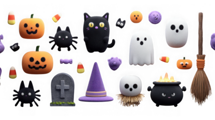 A collection of cute halloweenthemed characters and objects, including ghosts, pumpkins, and a witchs hat isolated on transparent background
