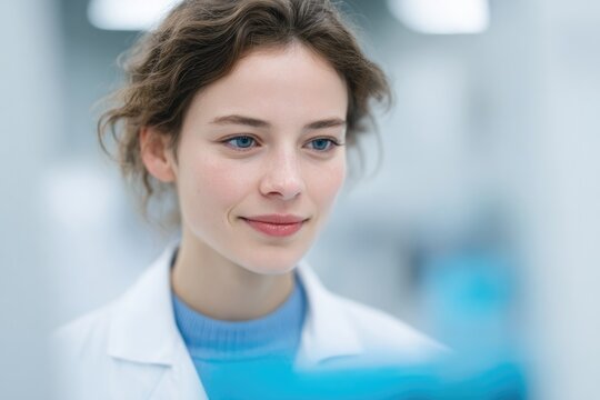 portrait of young scientist placing dna sample into sequencer beside neuro-feedback monitor in same lab