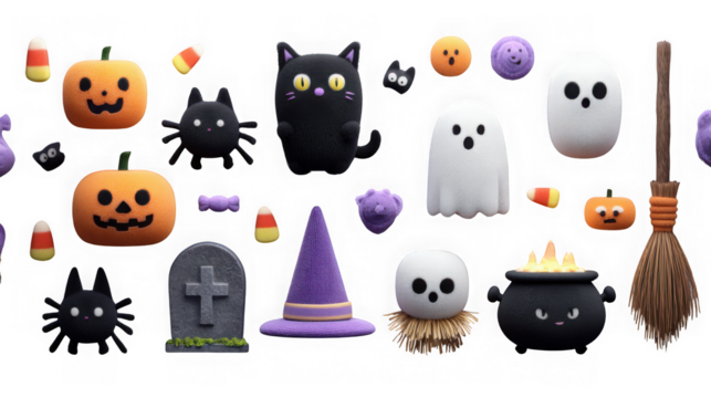 A collection of cute halloweenthemed characters and objects, including ghosts, pumpkins, and a witchs hat isolated on transparent background