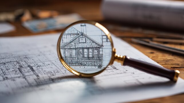 Premium image of magnifying glass focuses on a house illustration within architectural blueprints, highlighting design details.