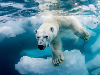 polar bear swimming underwater near ice blocks