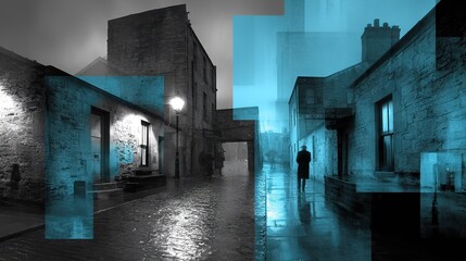 Fototapeta premium A man walks down a dark street under a blue-tinted sky in a monochrome photo