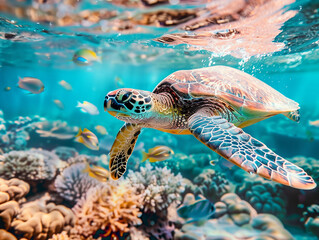 Fototapeta premium sea turtle close-up gliding over a coral reef, colorful fish around, crystal clear water