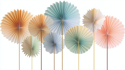 Set of wall-mounted birthday paper fans in gradient pastel hues, decorative elements, transparent background
