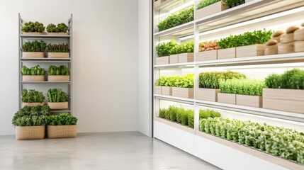 Indoor Vertical Farm with Herbs and Vegetables on Shelves, indoor gardening , hydroponics