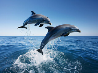 Fototapeta premium two dolphins jumping out of water caught mid-splash, high energy, clear horizon