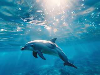 Fototapeta premium underwater view of a dolphin swimming gracefully, clear blue ocean, sun rays filtering through water