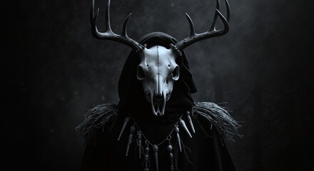Shaman with deer skull mask, antlers, feathers, dark hood. Mystical spiritual figure, ancient pagan traditions, ritual ceremony. Indigenous culture concept