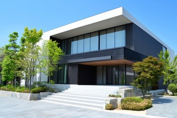 Modern and stylish building showcasing clean architectural lines, surrounded by lush greenery, under a vibrant blue sky
