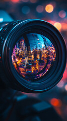 Close-up of a professional black camera lens with optical focus and zoom on a vibrant red background, perfect for digital photography and video