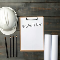 Worker s day celebration with hard hat pencils and blueprints on wooden surface
