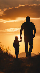 Silhouette of father and son at sunset on the beach, a beautiful moment of family love and happiness