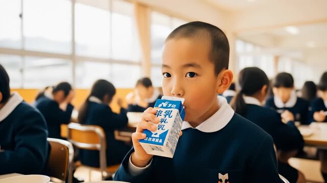 クラスメートたちと給食の時間を過ごす日本の小学生
