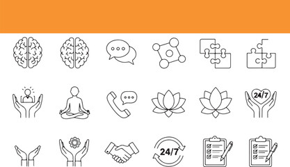Collection of business and healthcare icons illustrating concepts of teamwork communication and support