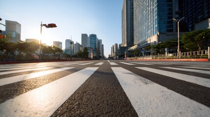 Premium image of low-angle view of a crosswalk in a modern city, showcasing the striped pavement with tall buildings and streetlights in the background.