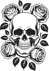 Fototapeta premium Skull with roses, floral skull design, vintage engraving, death symbol art, gothic style illustration, tattoo inspiration, decorative skull artwork