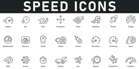 Speed icons vector illustration with thin line editable stroke contains fast, slow, movement, speeding, gauge, speedometer, measure, rapid, accelerate, flash, quick, express, run, velocity, indicator