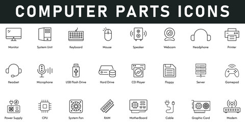 Computer Parts Icons vector illustration with thin line editable stroke contains monitor, system, keyboard, mouse, headphone, hard drive, server, power supply, CPU, motherboard, cable, graphic card