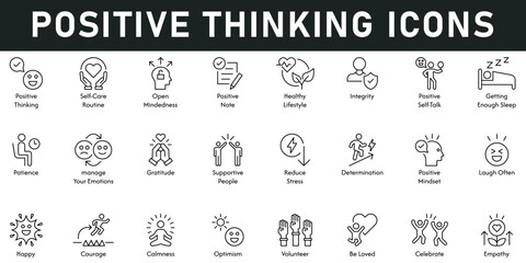 Positive Thinking Icons vector illustration with thin line editable stroke contains self-care, open mindedness, healthy lifestyle, empathy, calmness, positive mindset, manage emotions, integrity