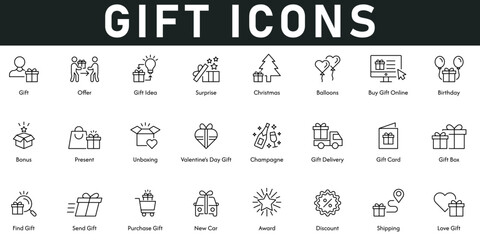 Gift Icons vector illustration with thin line editable stroke contains offer, surprise, Christmas, balloons, gift online, birthday, bonus, champagne, gift card, gift box, award, love gift, send gift