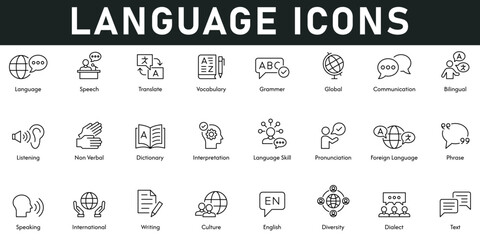 Language Icons vector illustration with thin line editable stroke contains speech, translate, vocabulary, grammar, global, communication, listening, text, diversity, international, dictionary, skills.
