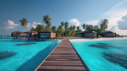 Wooden walkway leading to overwater bungalows on a Maldives island, surrounded by crystal-clear blue waters, palm trees, and luxury villas.