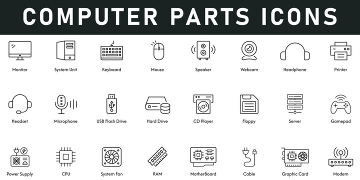 Computer Parts Icons vector illustration with thin line editable stroke contains monitor, system, keyboard, mouse, headphone, hard drive, server, power supply, CPU, motherboard, cable, graphic card