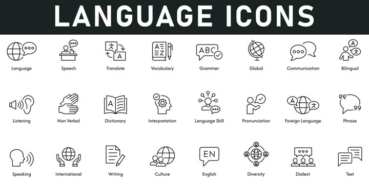 Language Icons vector illustration with thin line editable stroke contains speech, translate, vocabulary, grammar, global, communication, listening, text, diversity, international, dictionary, skills.