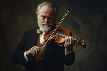 Fototapeta premium Portrait of an elegant senior musician with white beard and mustache playing a violin in a dark room