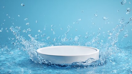 Premium image of white circular podium splashing in clear blue water droplets against a light blue background, water splash concept with copy space, 3D render.