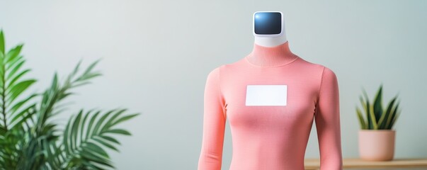 Minimalist Robot in Coral Top with Blank Badge,Technology, AI