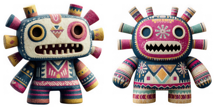 Two colorful, quirky monster toys with tribal patterns isolated on transparent background