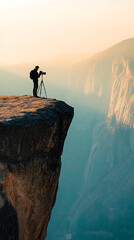 Man standing on mountain top rock silhouette at sunset with scenic nature view