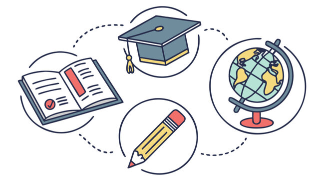Illustration showing education symbols including book graduation cap pencil and globe connected by dots