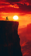 Sunset silhouette of a man standing on a mountain rock with orange sky and clouds